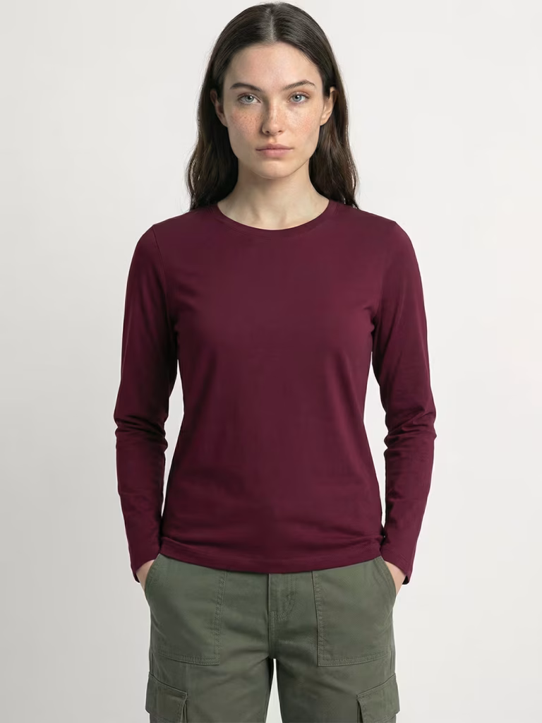 Women's Plain Maroon Full Sleeve Round Neck T-Shirt