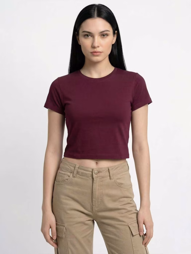 Women's Plain Maroon Half Sleeve Crop Top